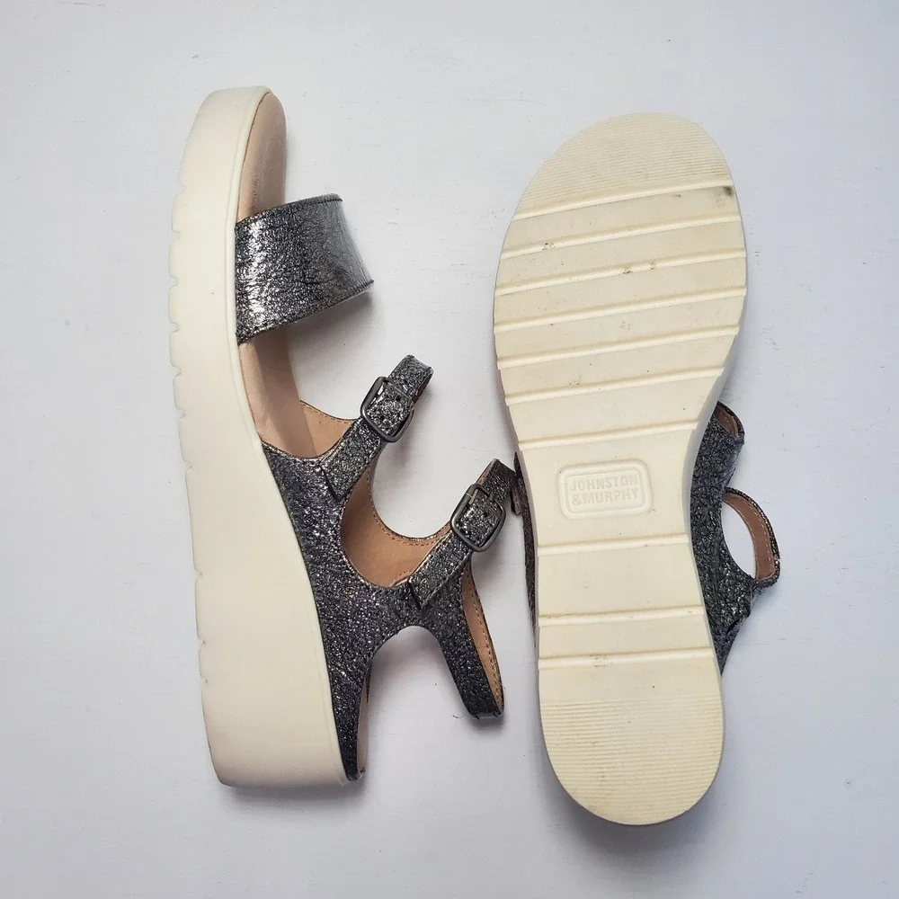 Johnston & Murphy Women Metallic Silver Wedge Platform Sandal Buckle Ankle Strap